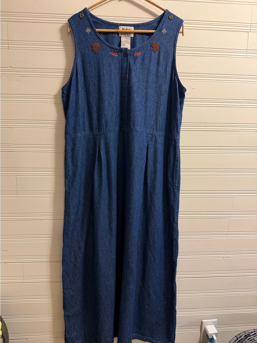 Vintage 90s Northern Reflections Denim Maxi Dress L Embroidered Cottagecore